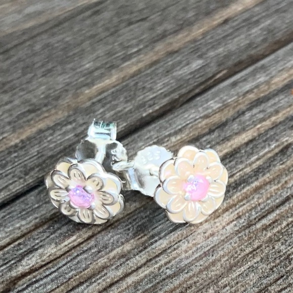 Sterling Sliver Floral Crystal Dahlia Earrings - Picture 5 of 8